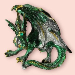 Ebros Metallic Green and Silver Crouching Emerald Dragon Statue 4.75" L Figurine